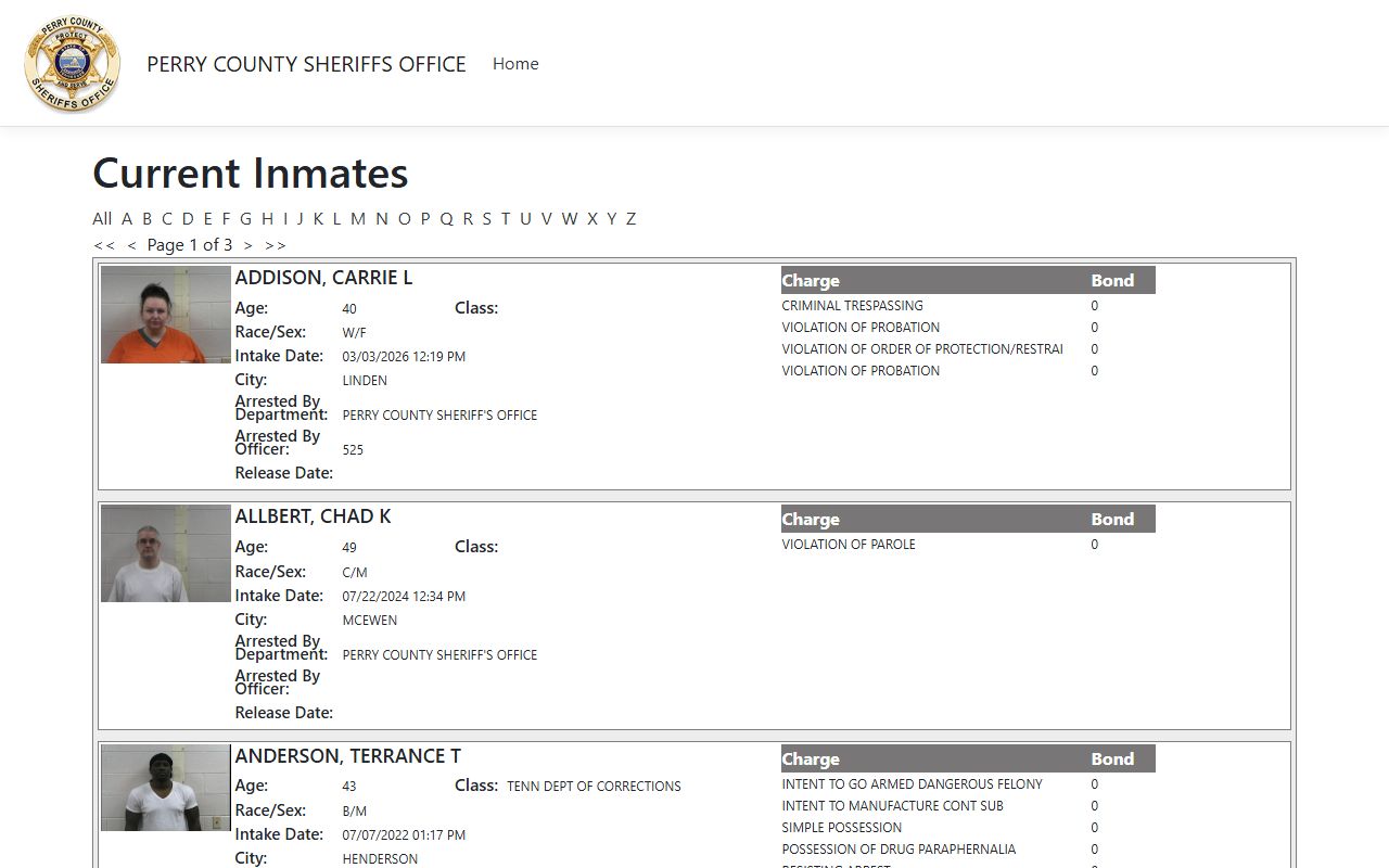 Perry County iSOMS current inmates page with roster cards and filters