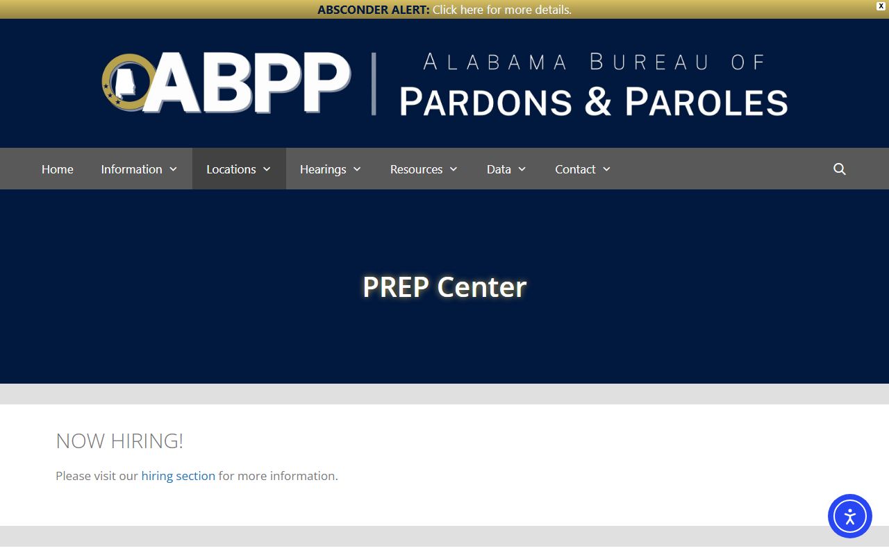 Alabama Bureau of Pardons and Paroles PREP Center location page with Uniontown address and phone